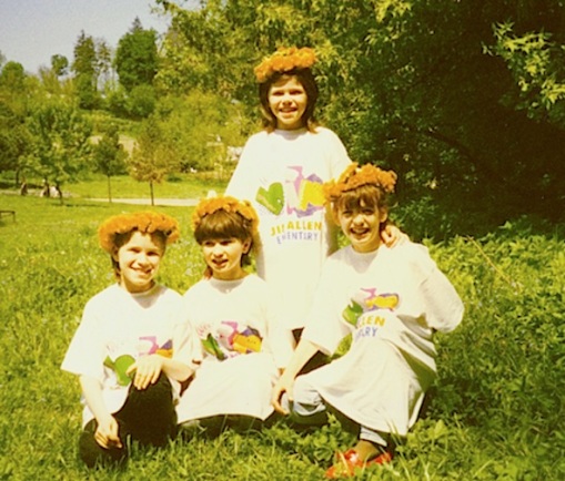 Raluca, Alina and Ramona, l to r, with Ancuta behind. Four of the 'Bunnies', my delightful special needs class from School no.11, Suceava, in 1994. They are wearing T-shirts from a special needs school in Pensacola, Florida, with which the Bunnies did an email project (despite the headmaster's attitude which was that I was wasting my time trying to do such a thing with them. He had to eat his words, but more of that in a future post about the delights of teaching English in Romania.