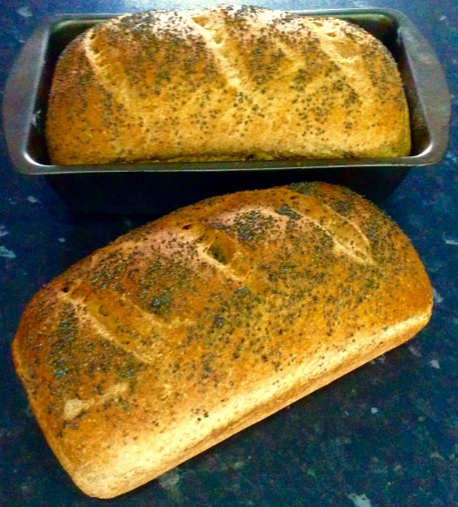 The two loaves baked today, one still in the tin, the other out